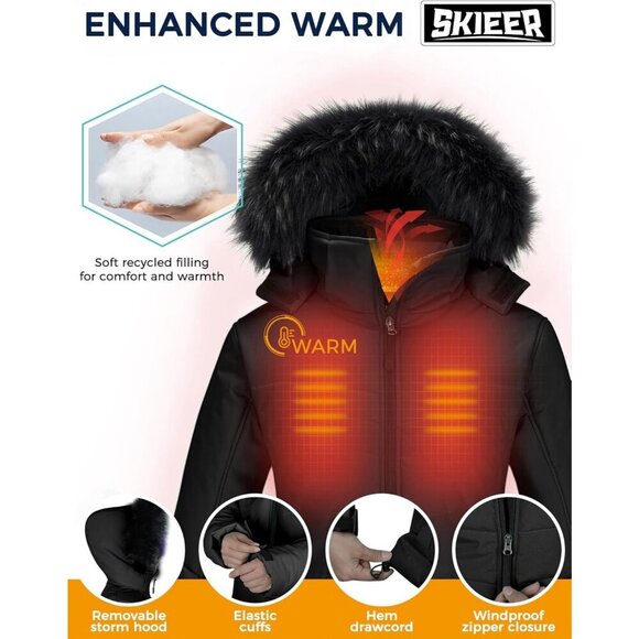 Women's Puffer Ski Hooded Jacket Black Faux Fur Winter Warm Waterproof Coat - Picture 5 of 6